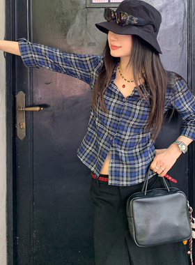 7AM10PM 设计感小众蓝格子衬衣女 百搭蓝格子九分袖合身衬衫纯棉