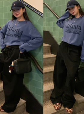 7AM10PM 简约蓝色圆领印花卫衣女 2025新款百搭宽松套头纯棉上衣