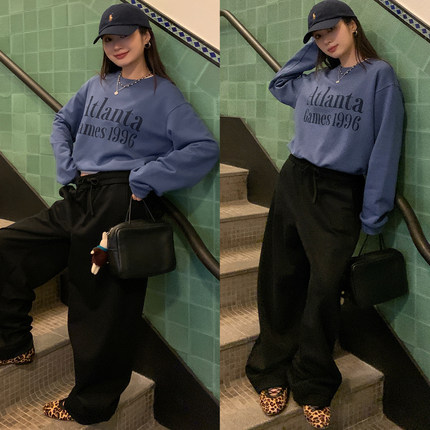 7AM10PM 简约蓝色圆领印花卫衣女 2025新款百搭宽松套头纯棉上衣