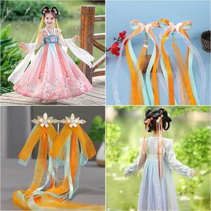 汉服儿童头饰古风超仙绢花飘带夹子蝴蝶古装发饰短发丝带对夹饰品