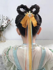 中国风公主花朵长飘带发夹古风对夹发饰宝宝后压流苏汉服裙子发饰