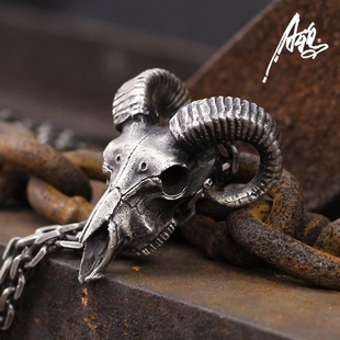 A鸦邪恶羊头骨骷髅925纯银哥特风暗黑先锋男女款吊坠动物男士礼物