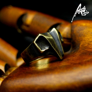 A鸦原创手工抽象棱面素羊头925纯银男女款复古简约动物潘神戒指环