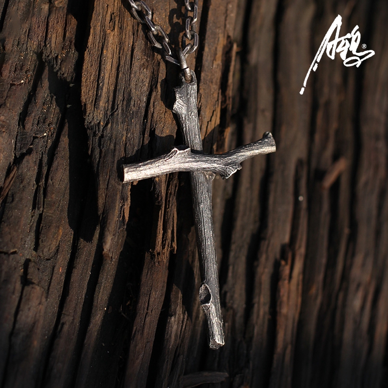 A crow original handwork personality 925 pure silver brass copper wood branch cross realistic too angle Necklace men and womens Pendant
