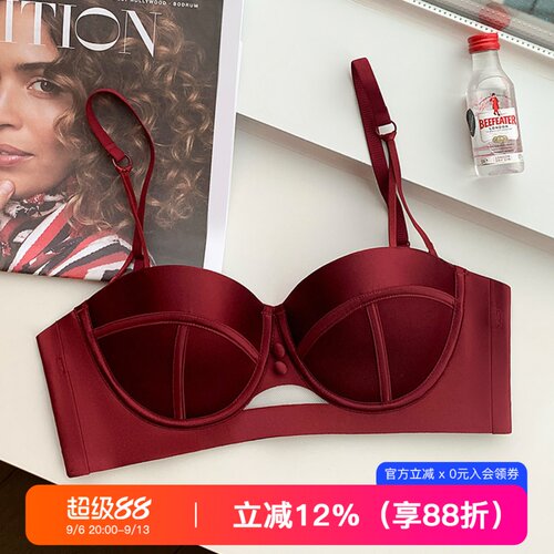 法式红色复古内衣女秋冬本命年结婚无肩带小胸聚拢显大酒红文胸罩