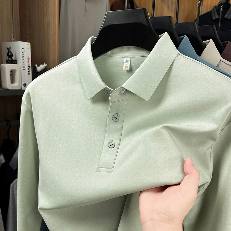 260克【液氨双丝光棉】2025秋季男士翻领长袖T恤纯色宽松POLO衫