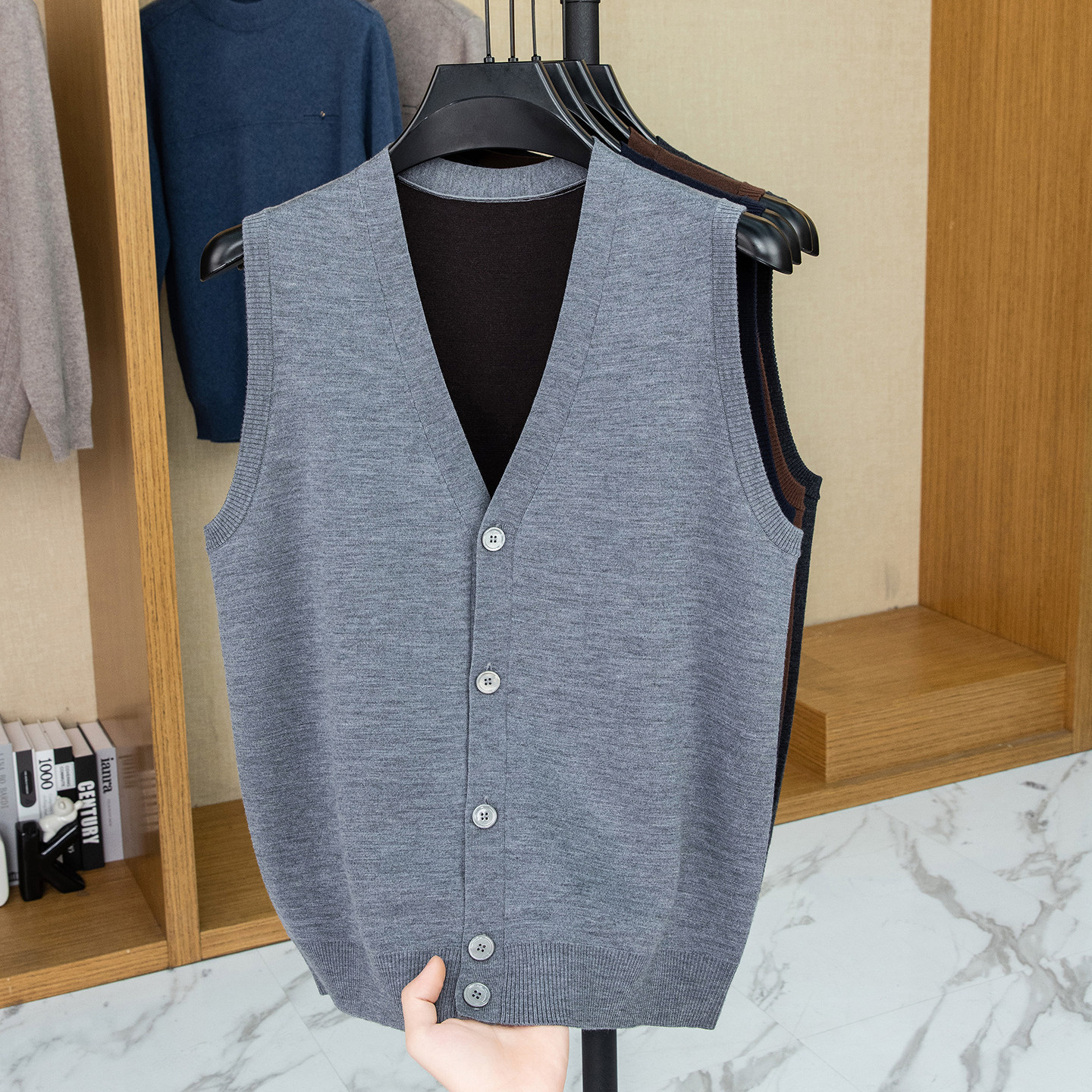 【100%澳洲美利奴羊毛】16针双面精纺羊毛马甲男 V领开衫坎肩外套