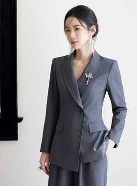 FUYAO扶摇直上 oldmoney灰色西装套装女干练西服两件套职场正装春