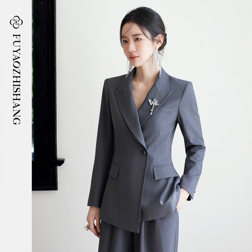 扶摇直上老钱风灰色西装两件套女