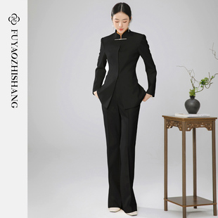 FUYAO扶摇 唐装中国风女装西装外套黑色长裤2025款新中式套装秋装