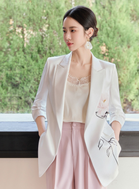 FUYAO扶摇直上 自然主义白色西装外套女印花宽松光泽垂感花卉西服