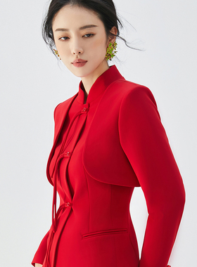 FUYAO扶摇 新中式国风女装红色西装外套女套装高端改良唐装西服春