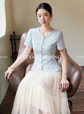 FUYAO扶摇直上 仲夏浅蓝色西装纱裙两件套女高级感圆领醋酸套装