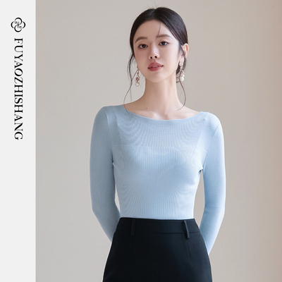 扶摇纯羊绒一字领修身针织衫