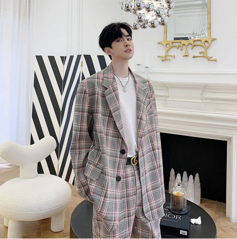 【精品】满68包邮◆2025春秋青少年韩版复古风格纹潮流廓形西装,男装,休闲西服,淘宝优惠券,粉丝福利购,淘宝优惠卷