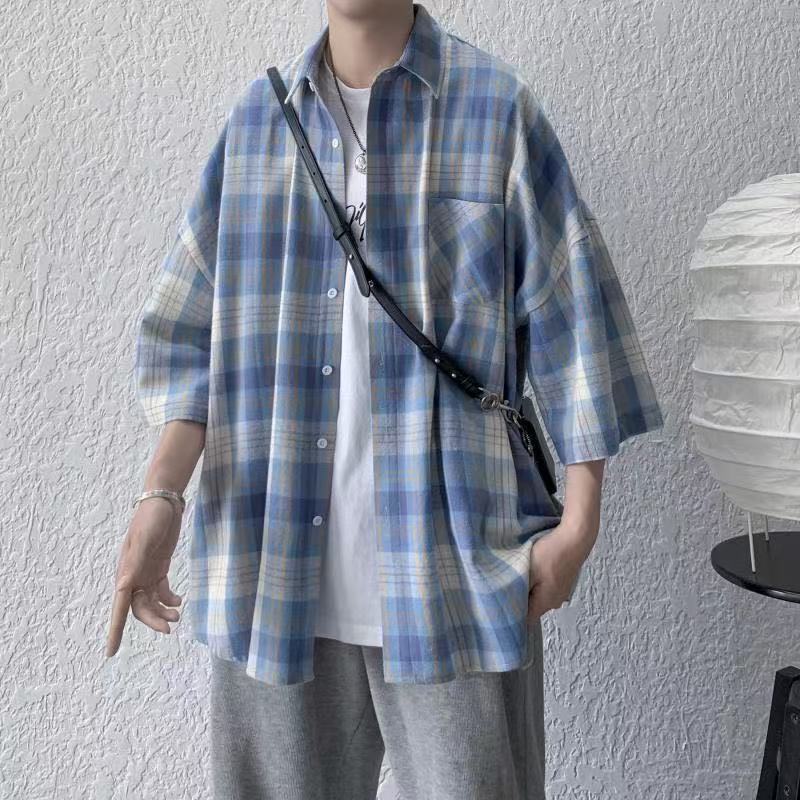 长袖格子港风复古宽松短袖衬衫