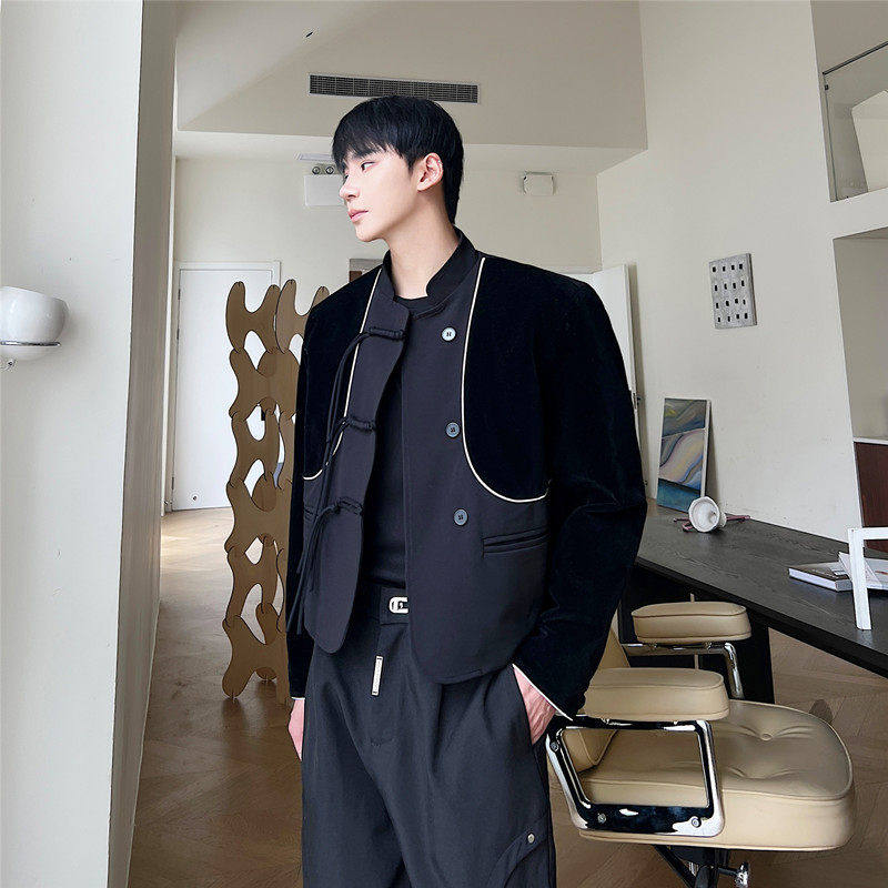 【精品】满68包邮◆2025春秋男中国风盘扣丝绒拼接立领单排扣西装,男装,休闲西服,淘宝优惠券,粉丝福利购,淘宝优惠卷