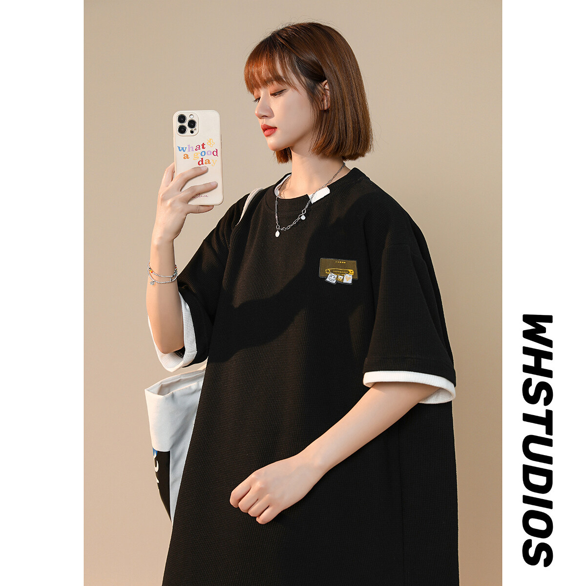 【精品】满68包邮◆2025春夏中性假两件华夫格短袖设计感休闲T恤