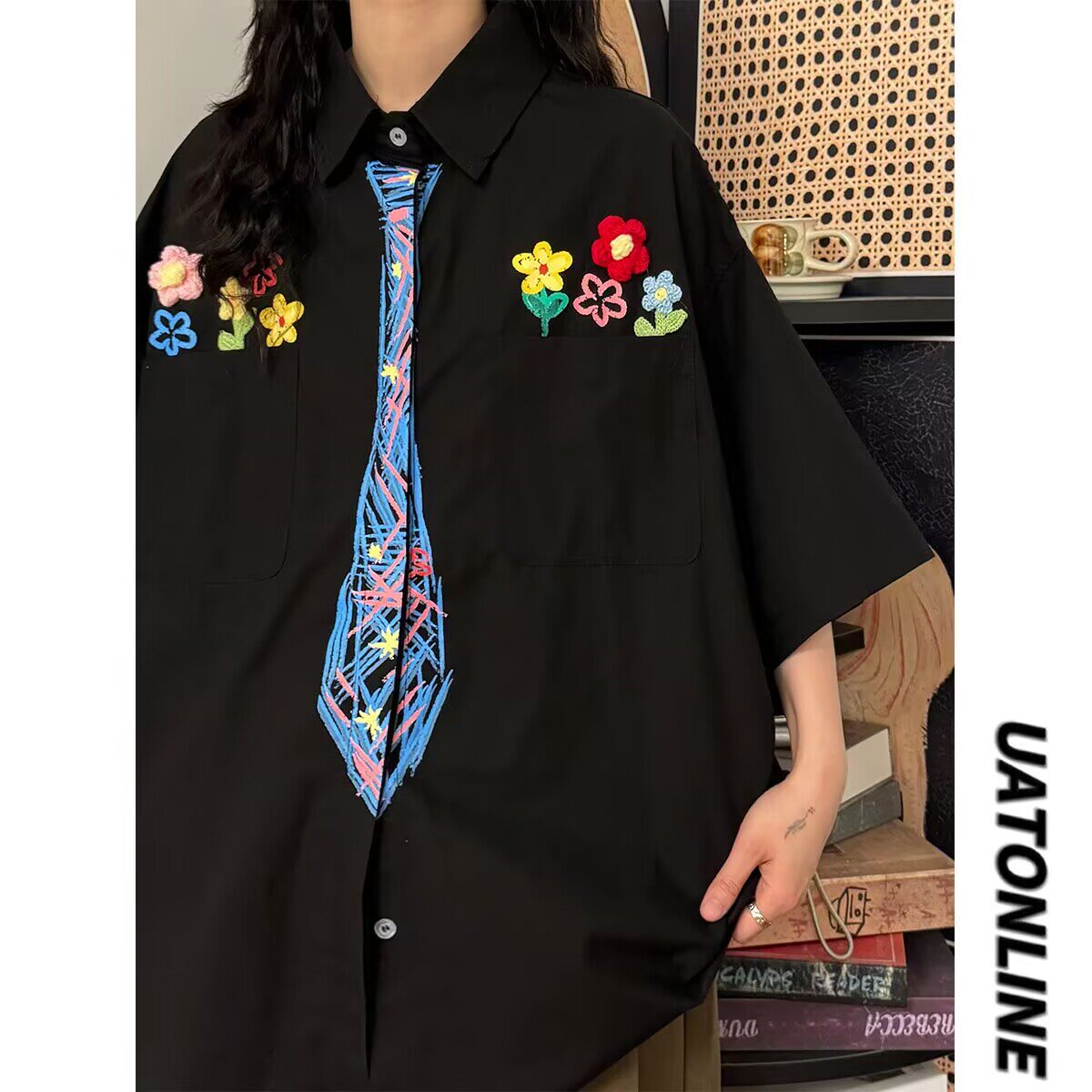 【精品】满68包邮◆2026夏季中性美式蜡笔手绘领带花朵短袖衬衫潮