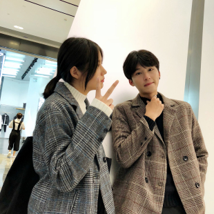 包邮 满68 2025冬季 男女同款 潮流锁棉格子呢子西服 韩版 精品