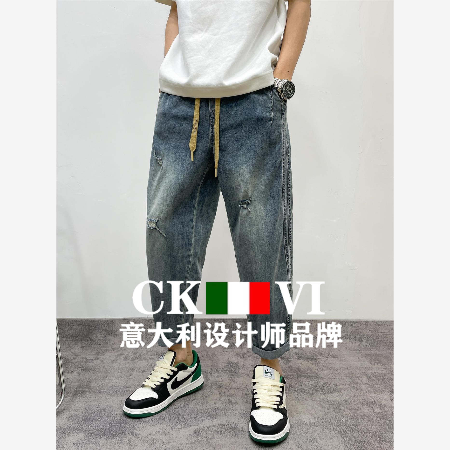 官方正品CKvi夏季复古破洞牛仔裤男士潮牌夏季薄款宽松九分休闲裤