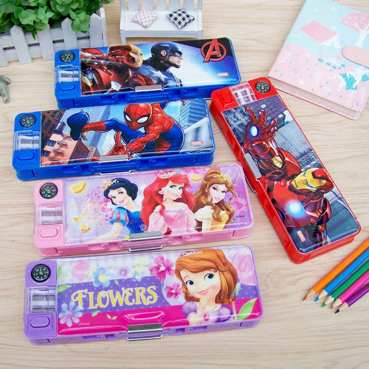 小学生文具盒迪士尼多功能笔盒儿童铅笔盒男女生韩版简约笔袋幼儿园创意可爱男女童文具盒带看书架笔盒