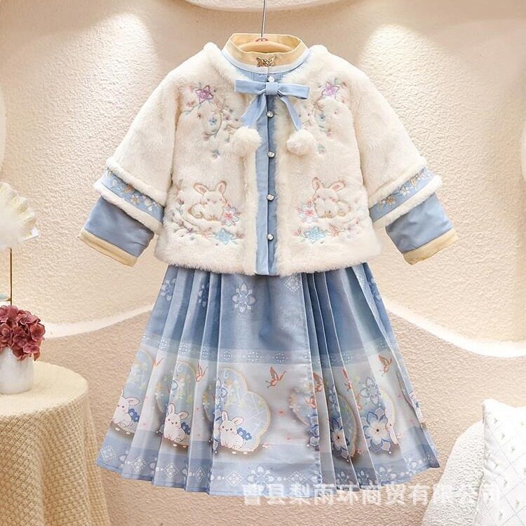 女童汉服连衣裙新款套装秋冬季拜年加厚中国风马面裙特价促销活动