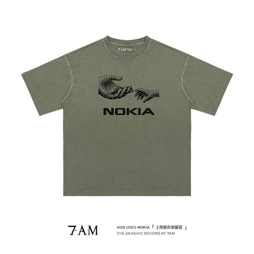7AM-上帝钟爱诺基亚水洗做旧纯棉宽松ins极简怀旧短袖T恤