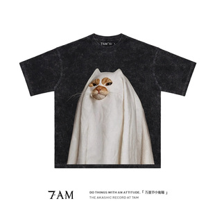7AM T恤高街 万圣节喵星人水洗做旧小众创意复古重磅纯棉宽松短袖