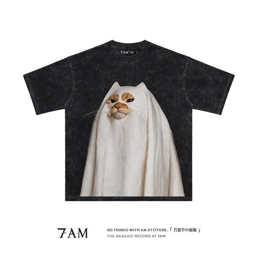7AM-万圣节喵星人水洗做旧小众创意复古重磅纯棉宽松短袖T恤高街