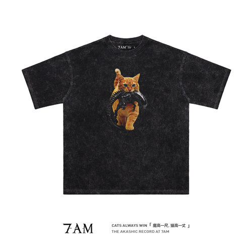 7AM-血脉压制猫咪大战异形水洗做旧创意爆款复古重磅纯棉短袖T恤