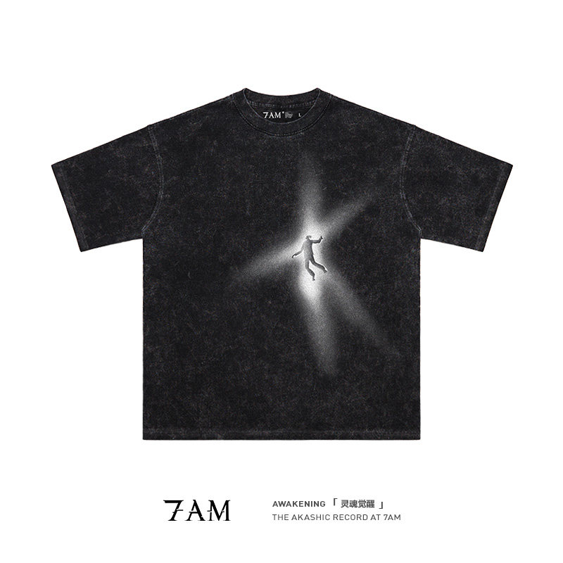 7AM-灵魂觉醒阿卡西记录水洗做旧纯棉宽松短袖T恤ins高街小众