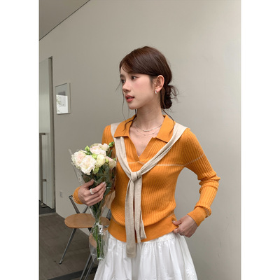 嘉言 披肩氛围感羊毛坑纹翻领针织衫女正肩显瘦韩系白领通勤上衣