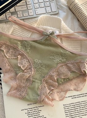 绿色森林~性感蕾丝内裤女低腰系带透气三角裤无痕法式轻奢荷叶边