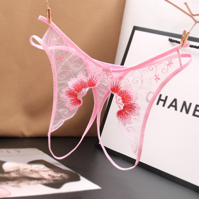 性感刺绣花女款开档内裤女款透明网纱丁字裤免脱轻薄细条镂空浪漫