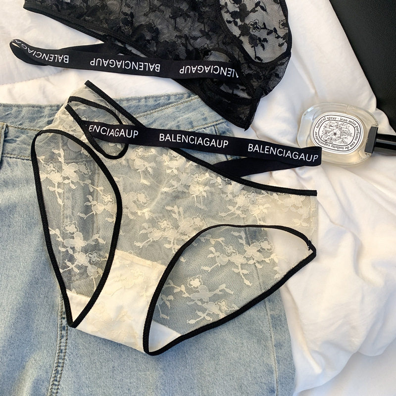 英文欧美新款性感蕾丝内裤女纯欲风无痕绑带镂空女生黑色低腰短裤,女士内衣/男士内衣/家居服,女丁字裤,淘宝优惠券,粉丝福利购,淘宝优惠卷