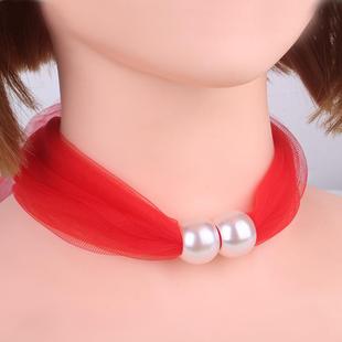 蕾丝珍珠围脖套女夏季薄款围巾颈带丝带小丝巾夏天遮脖子疤痕颈饰