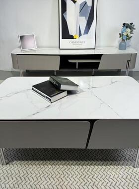 L007超晶石微晶石长茶几1.3米双抽屉不锈钢高脚客厅茶几意式极简