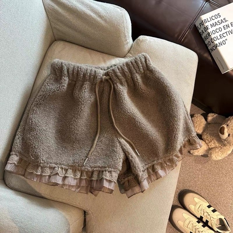 秋冬新款短裤羊羔毛网纱拼接松紧腰休闲裤女韩版百搭阔腿短裤时尚,女装/女士精品,大码裤装,淘宝优惠券,粉丝福利购,淘宝优惠卷
