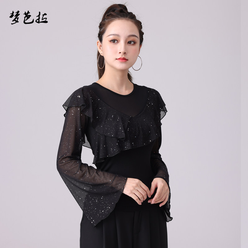 2024春夏新款摩登上衣女拉丁舞练功服喇叭袖舞蹈服国标民族风舞
