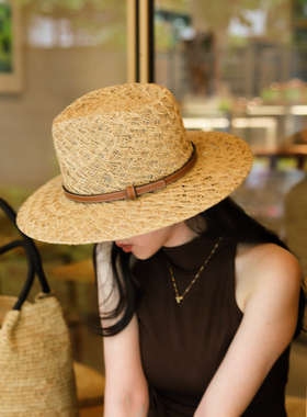 Earthone“高知”意大利牛皮编织拉菲草爵士帽草帽女度假风沙滩帽