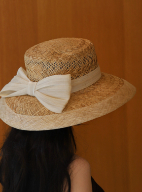 Earthtone“梦里花落”法式超大真丝麻蝴蝶结拉菲草海边度假遮阳