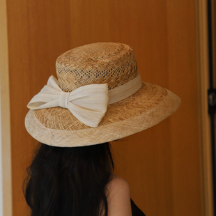 Earthtone“梦里花落”法式超大真丝麻蝴蝶结拉菲草海边度假遮阳