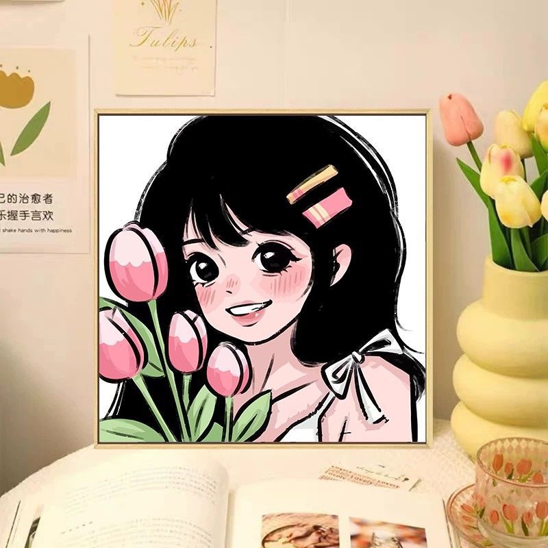 甜美可爱女孩diy数字油画 动漫卡通头像手绘送闺蜜生日礼物装饰画