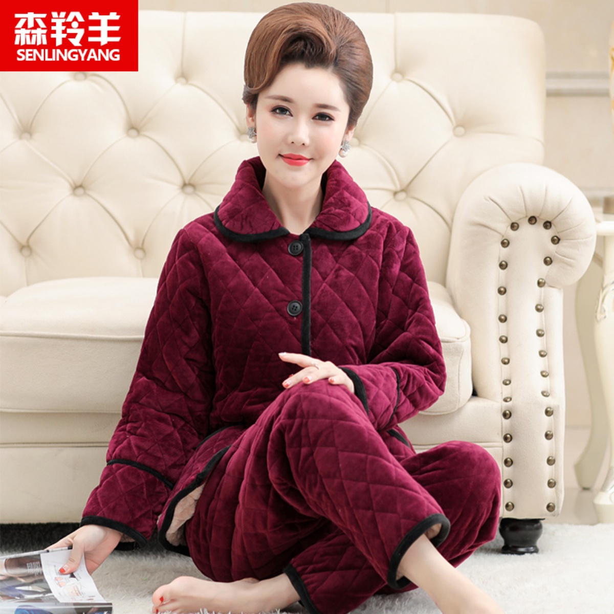 中年三层夹棉冬季加绒女士睡衣