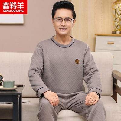 男士纯棉长袖长裤夹层圆领套头