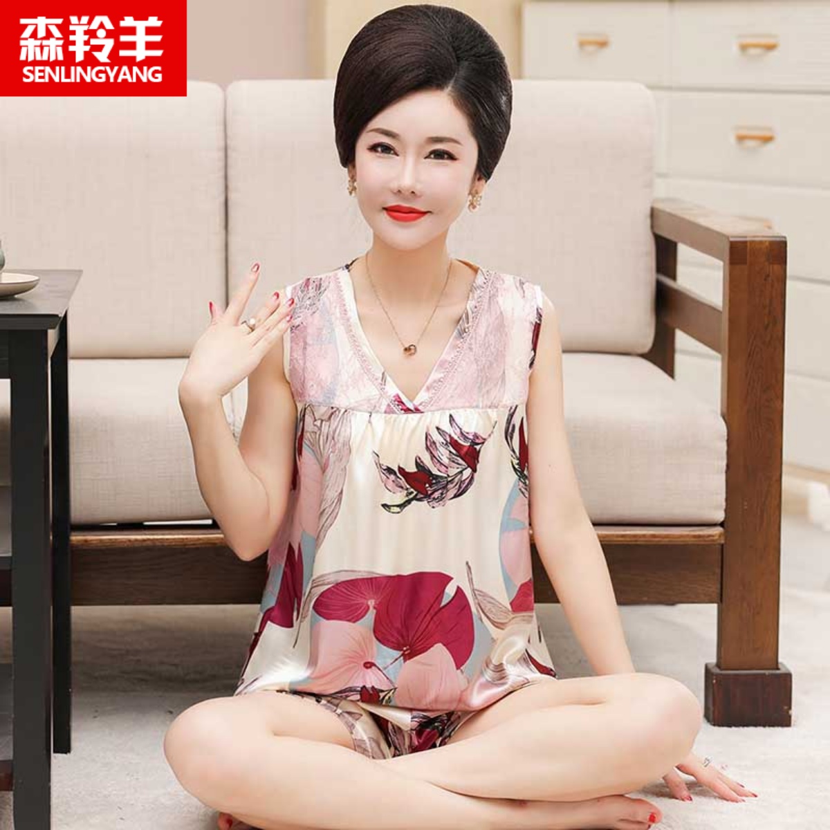 女士丝绸背心短裤两件套装