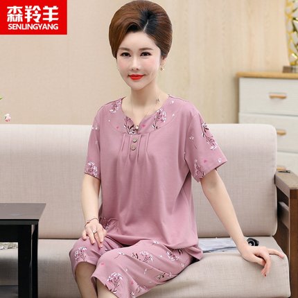 中年妈妈睡衣女夏季纯棉短袖薄款七分裤套头可外穿家居服两件套装