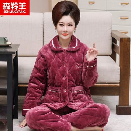 中年妈妈加厚珊瑚绒夹棉睡衣女士冬季冬款大码三层保暖加绒家居服