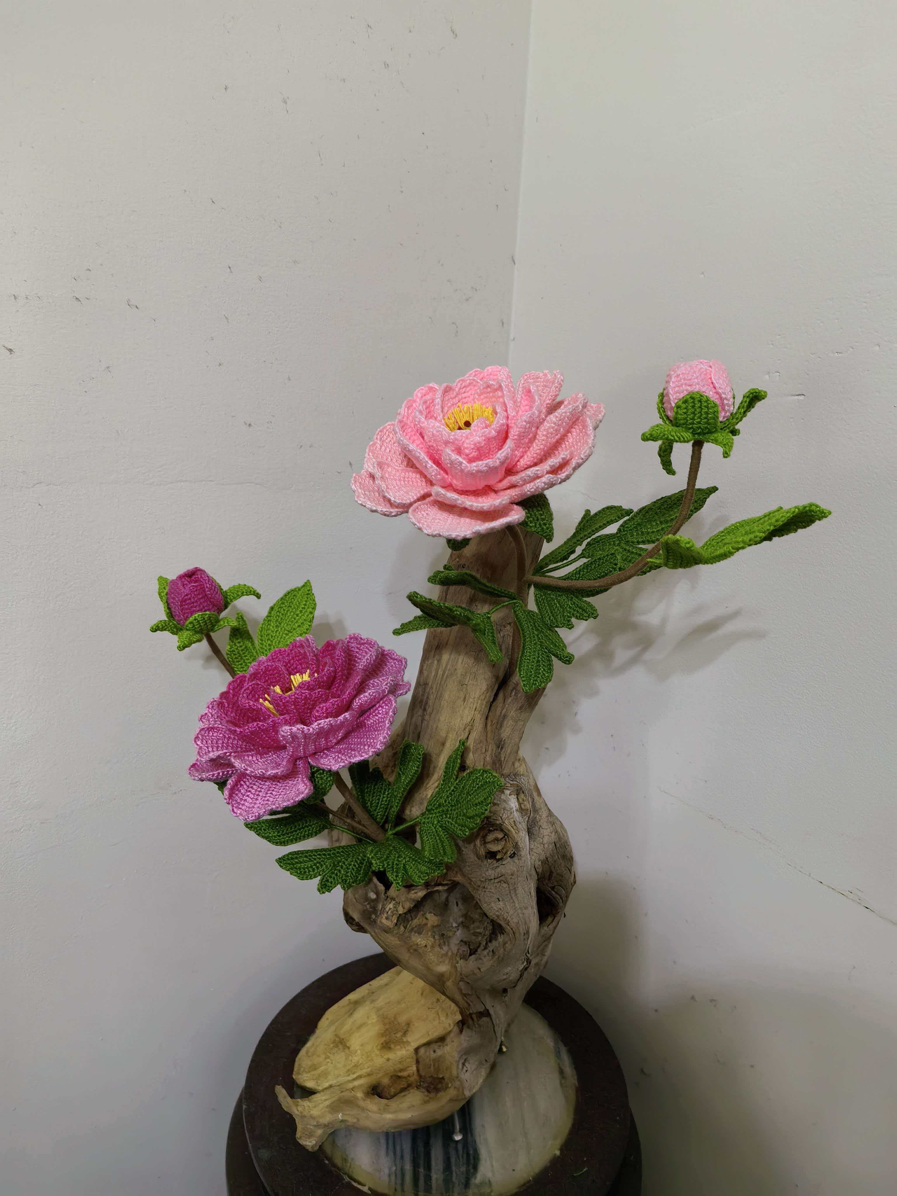 DIY 落日珊瑚芍药钩织成品花束十字绣线钩织成品花束永生花造景用图片